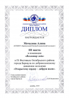 Диплом Мочаловой Алине волонтер года